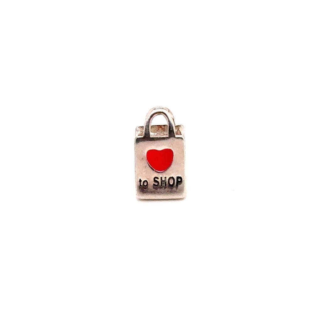 Sterling Silver I Love To Shop Bag Charm Red Heart Enamel 925 Bead for Bracelet